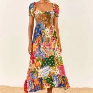 NWT Farm Rio Sunny Mix Square Neck Tie Back Midi Dress Size S